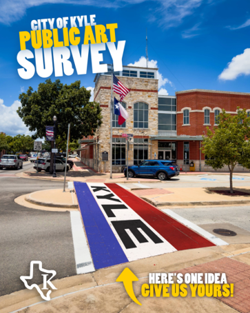 Graphic encouraging people to take the Public Art Survey with an image of a red, white and blue crosswalk.